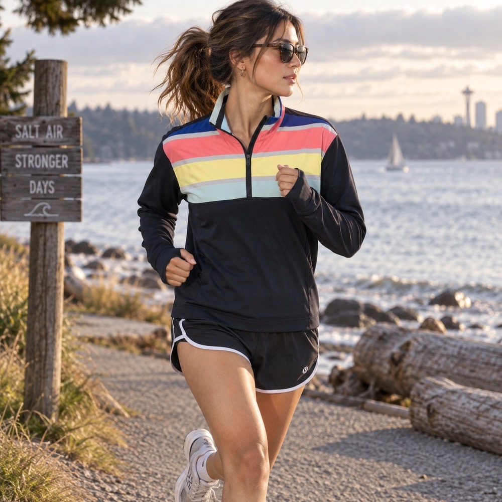 Lululemon Womens Seawheeze 2013 Quarter Zip Pullover Stripe Long Sleeve XL